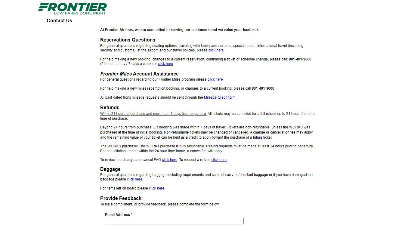 Frontier Airlines: Contact Us